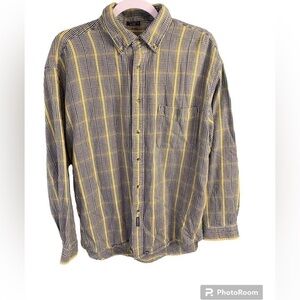 Vintage Dockers Men’s Large Button Down Yellow Navy Green White Stripped Shirt